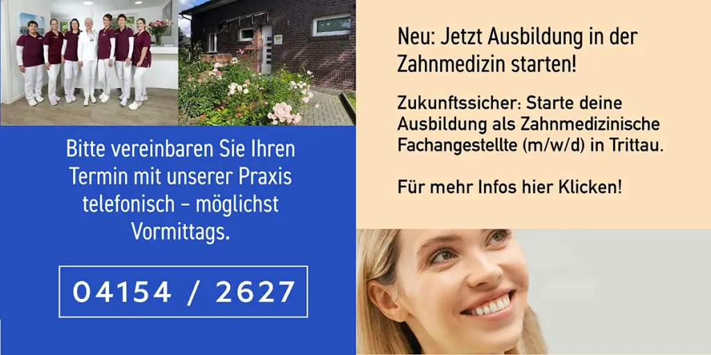Telefonnummer und Verweis auf Ausbildungsplatz bei der Zahnarztpraxis